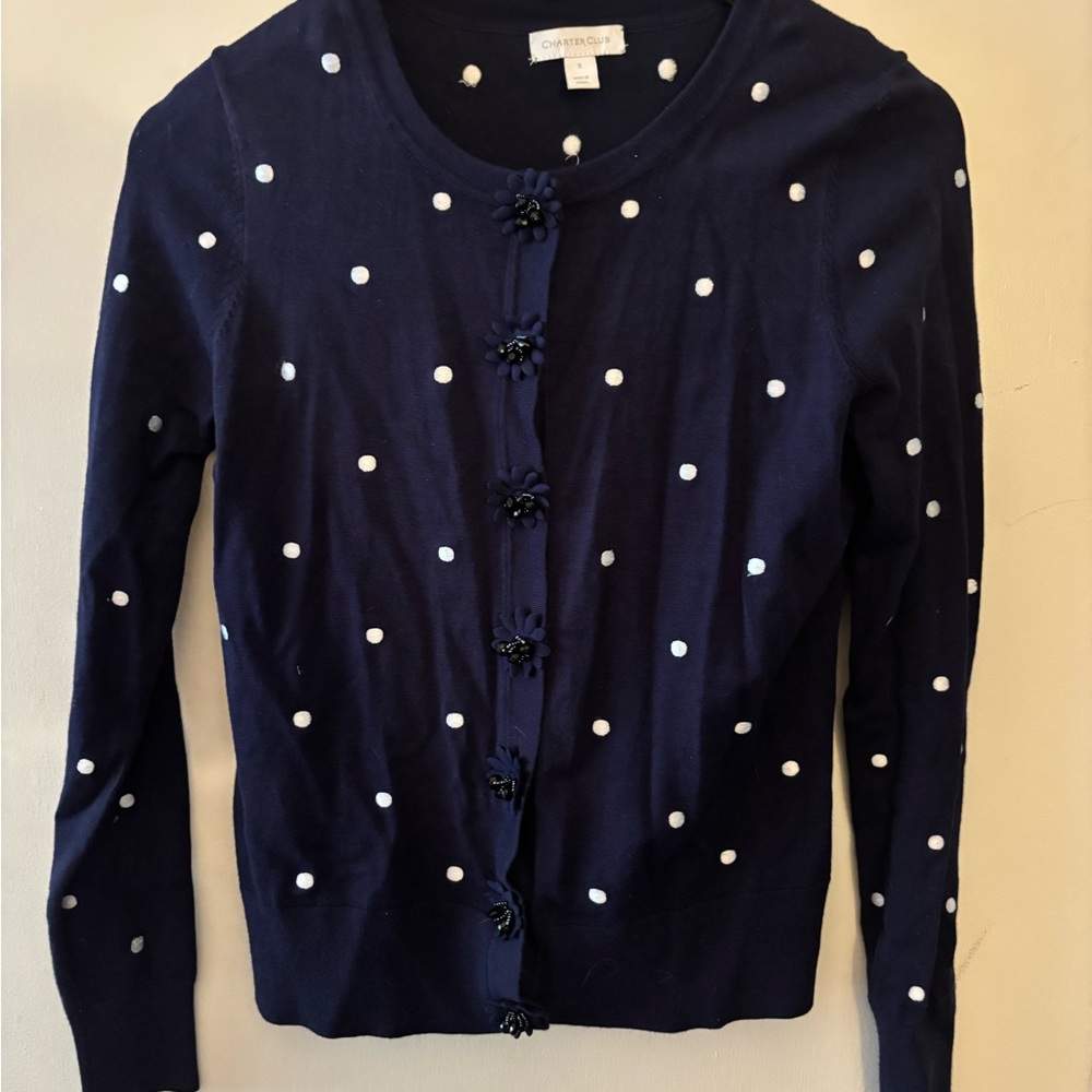 Charter Club Blue and White Polka Dot Cardigan Sweater